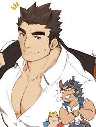  3boys bara blush broken_horn brown_hair chibi chibi_inset dark_blue_hair demon_boy demon_horns facial_hair fiery_horns gomtang gouki_(tokyo_houkago_summoners) horns large_pectorals long_sideburns male_cleavage male_focus master_3_(tokyo_houkago_summoners) mature_male multiple_boys muscular muscular_male partially_unbuttoned shirt short_hair sideburns smile solo_focus stubble takemaru_(tokyo_houkago_summoners) thick_eyebrows tokyo_houkago_summoners upper_body white_shirt yaoi 