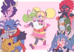  3boys 5girls :3 animal_ears antennae apron asdge23 bakenyan_(precure) bakenyan_(precure)_(cosplay) bald_spot bare_shoulders bindi black_dress black_eyes black_gloves black_legwear blonde_hair blood blue_eyes blue_gloves blue_hair blue_lips blue_skin blush blush_stickers bodysuit border bow bowtie braid bubble_skirt butler butler_(precure) camera cape carrying cat_ears cat_girl chongire closed_eyes colored_sclera colored_skin commentary_request constricted_pupils cosplay covering_own_mouth crab crossdressing cyclops doctor dress elbow_gloves elda_(precure) excited eyeshadow eyewon_(precure) facepaint fangs female_pervert fish formal frilled_apron frills full-face_blush fur_choker gem_(symbol) glasses gloves green_eyes green_hair hairband half-closed_eyes hand_on_own_cheek hand_on_own_face holding holding_camera horns in-franchise_crossover kappard_(precure) lab_coat lipstick long_hair looking_at_another looking_to_the_side low-tied_long_hair low_twintails maid maid_apron maid_headdress makeup mask monster_boy monster_girl multicolored_hair multiple_boys multiple_girls no_antennae no_nose no_sclera nosebleed numeri_(precure) oerba_yun_fang one-eyed open_mouth orange-tinted_eyewear outside_border pantyhose pervert pink_background pink_footwear pink_hair pink_hairband pink_skin pointy_ears polka_dot polka_dot_background precure princess_carry purple_cape purple_eyes purple_lips purple_skin red_eyes red_hair red_scarf red_skin reverse_trap rimless_eyewear scarf seahorse shoes shoulder_pads shrimp single-lens_reflex_camera single_horn skirt slit_pupils slug_girl star_twinkle_precure streaked_hair sunglasses sweatdrop tengu_mask tenjou_(precure) tinted_eyewear tropical-rouge!_precure twin_braids twintails walking wavy_hair white_apron white_border white_bow white_bowtie white_headwear yellow_sclera yuni_(precure) 