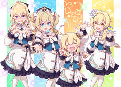  4girls :d ahoge alternate_costume arm_up barbara_(genshin_impact) barbara_(genshin_impact)_(cosplay) bare_shoulders blonde_hair blue_eyes blush bow breasts cleavage clenched_hand closed_eyes clover_print collarbone color_connection commentary_request cosplay cross detached_collar detached_sleeves dress embarrassed feet_out_of_frame flower frilled_dress frills genshin_impact hair_between_eyes hair_color_connection hair_flower hair_ornament hair_ribbon hairbow hand_up harada_(sansei_rain) hat height_difference highres jean_(genshin_impact) klee_(genshin_impact) long_hair looking_at_viewer low_twintails lumine_(genshin_impact) multiple_girls no_headwear nun open_mouth pantyhose pointy_ears ponytail pose reaching reaching_towards_viewer ribbon short_hair short_hair_with_long_locks sidelocks size_difference smile trait_connection twintails waving white_dress white_pantyhose yellow_eyes 