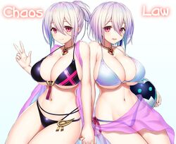  2girls absurdres asamura_hiori ball beachball bikini breasts cleavage giselle_(idola) highres holding holding_ball holding_hands huge_breasts idola_phantasy_star_saga jewelry looking_at_viewer multiple_girls necklace phantasy_star phantasy_star_online_2 ponytail red_eyes see-through short_hair swimsuit v white_background white_hair 