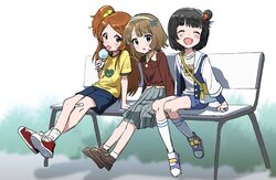  3girls :o :p ^_^ ^o^ alternate_costume bandaid bandaid_on_knee bandaid_on_leg blunt_bangs blurry blurry_background blush closed_eyes full_body hair_bun hair_ornament highres idolmaster idolmaster_million_live! itohari_(mamiiori1) kneehighs looking_at_viewer multiple_girls nakatani_iku ogami_tamaki on_bench one_side_up pleated_skirt short_hair shorts single_hair_bun sitting skirt socks suou_momoko tint_me_(idolmaster) tongue tongue_out 