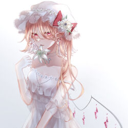  alternate_costume anemone_(flower) bare_shoulders blonde_hair blurry bow breasts collarbone cross cross_earrings cross_necklace crystal depth_of_field dress earrings female flandre_scarlet flower flower-trimmed_dress flower_trim gloves gradient_background grey_background grey_choker hair_over_eyes hand_up hat hat_bow hat_flower highres hisu_(hisu_) jewelry latin_cross light_blush lily_(flower) looking_at_viewer medium_breasts mob_cap mouth_hold necklace one_side_up parted_lips petal_in_mouth pink_eyes pointy_ears red_bow see-through short_hair simple_background solo touhou upper_body white_dress white_flower white_gloves white_hat white_lily wings 