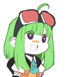  :d ahoge ascot bandaid bandaid_on_face bandaid_on_nose breast_pocket commentary earrings english_commentary female goggles goggles_on_head green_hair gumi gyari_(imagesdawn)_(style) jewelry medium_hair nandemo_iu_koto_wo_kiite_kureru_akane-chan_(voiceroid) open_mouth parody pocket puffy_sleeves red-tinted_eyewear sidelocks smile solo starcircuits style_parody tinted_eyewear transparent_background upper_body vocaloid 