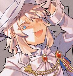  1boy adjusting_clothes adjusting_headwear arm_up blonde_hair blue_eyes blush bow bowtie collar_chain_(jewelry) collared_shirt colored_eyelashes formal gloves gomoku_(gomoku418) grey_background hat lowres male_focus one_eye_closed open_mouth portrait shirt short_hair sidelocks simple_background smile solo suit swept_bangs tokyo_afterschool_summoners tuaring_(housamo) white_bow white_bowtie white_shirt white_suit 