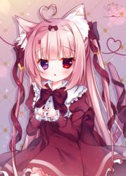  ahoge animal_ear_fluff animal_ears black_bow blush bow cat_ears cat_girl cat_tail chestnut_mouth commentary_request dress female frilled_sleeves frills fuxiyu hairbow heart heart_ahoge heterochromia highres juliet_sleeves long_hair long_sleeves looking_at_viewer original parted_lips pink_hair puffy_sleeves purple_eyes red_bow red_dress red_eyes sleeves_past_wrists solo tail tail_bow tail_ornament tail_raised two_side_up very_long_hair 