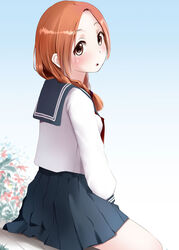  :o aoi_hana black_sailor_collar black_skirt blush braid brown_eyes brown_hair commentary_request female forehead from_behind hair_over_shoulder kozue_akari long_hair long_sleeves looking_at_viewer looking_back okudaira_akira parted_bangs parted_lips pleated_skirt puffy_long_sleeves puffy_sleeves sailor_collar school_uniform serafuku shirt sitting skirt solo white_shirt 