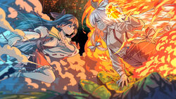  2girls absurdres baggy_pants bamboo bamboo_forest black_hair bow buttons chinese_commentary cloud collared_shirt dashing detached_sleeves duel face-to-face fighting fire flaming_hand forest frilled_shirt_collar frilled_skirt frills from_side fujiwara_no_mokou gohei grey_eyes hair_tubes hairbow hakurei_reimu hand_up highres holding holding_gohei jiege long_hair long_sleeves looking_at_another multiple_girls nature pants pyrokinesis red_bow red_eyes red_pants red_skirt red_vest ribbon-trimmed_sleeves ribbon_trim rock serious sharp_teeth shirt skirt smile suspenders talisman teeth touhou very_long_hair vest white_bow white_hair white_shirt wide_sleeves 