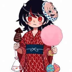  arrow_(symbol) bag bagged_fish black_hair blush_stickers bracelet commentary cone_horns cotton_candy cowboy_shot female fish food glowstick goldfish holding holding_food horns hyottoko_mask ikayaki japanese_clothes jewelry kijin_seija kimono looking_at_viewer mask mask_on_head multicolored_hair obi print_kimono red_eyes red_hair red_kimono sash simple_background small_horns streaked_hair summer_festival touhou water_balloon water_yoyo white_background white_hair white_horns wide_sleeves you_taira yukata 