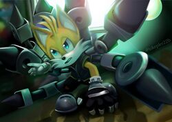  adolescent anthro blue_eyes bottomwear canid canine clothed clothing determination footwear fox fur handwear iokepler machine male mammal mechanic mechanical_arm netflix sega shirt shorts solo sonic_prime sonic_the_hedgehog_(series) steel tails tails_nine topwear yellow_body yellow_fur young 