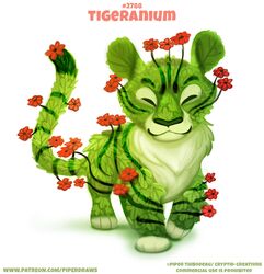  ambiguous_gender anthro closed_eyes digital_media_(artwork) digital_painting_(artwork) elemental_creature english_text felid floor flora_fauna flower fur geranium green_body green_fur leaf mammal pantherine piper_thibodeau plant simple_background smile solo text tiger translated url white_background 