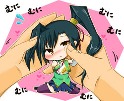  1other arms_up bare_shoulders black_footwear blue_hair blue_skirt blush brown_eyes checkered_clothes checkered_necktie cheek_poking cheek_squash chibi collar collared_shirt dark_blue_hair detached_sleeves embarrassed female flying_sweatdrops fukinoko_nosuke green_shirt hair_ribbon hand_on_another&#039;s_head heart high_ponytail kan&#039;u_(koihime_musou) koihime_musou legs_apart long_hair long_sleeves miniskirt necktie pink_background pleated_skirt poking ponytail pov pov_hands purple_legwear red_ribbon ribbon shin_koihime_musou shirt shoes simple_background sitting skirt thighhighs two-tone_background two-tone_shirt v_arms white_background white_shirt wide_sleeves zettai_ryouiki 