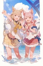  2girls :d animal_ears bangs blue_sky blush cloud commentary_request copyright_request day eyebrows_visible_through_hair fangs grey_eyes hands_up highres horizon junwool light_brown_hair multiple_girls navel ocean open_mouth outstretched_arm pink_hair pink_neckwear pleated_skirt red_eyes red_sailor_collar red_skirt sailor_collar school_uniform serafuku shirt short_sleeves skirt sky smile standing tail wading water white_shirt wide_sleeves yellow_neckwear yellow_sailor_collar 