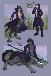  canid canine canis clothing coat cybernetic_arm cybernetic_limb fur grey_body grey_fur hair halberd hi_res human human_to_taur humanoid_hands jack_(sylvermor) long_hair male mammal melee_weapon paws polearm potion shirtless_male simple_background solo species_transformation taur taurification taurified thinking topwear transformation transformation_potion transformation_sequence trenchcoat v.i.r.i.d.i weapon wolf 