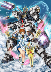  absurdres bad_id bad_pixiv_id black_gloves blue_eyes blue_skirt breasts brown_hair char&#039;s_counterattack commentary_request crossover female fin_funnels fingerless_gloves firing floating floating_hair funnels_(gundam) garimpeiro gloves glowing glowing_eyes green_eyes gun gundam hair_behind_ear highres holding holding_gun holding_polearm holding_weapon jacket long_hair looking_up lyrical_nanoha magical_girl mahou_shoujo_lyrical_nanoha_strikers mecha mobile_suit name_connection nu_gundam open_hand polearm raising_heart raising_heart_(blaster_bit) raising_heart_(exceed_mode) robot science_fiction skirt small_breasts takamachi_nanoha takamachi_nanoha_(exceed_mode) trait_connection twintails v-fin weapon white_jacket white_skirt 