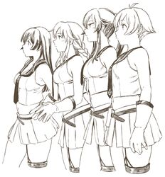  4girls agano_(kantai_collection) asymmetrical_legwear braid cowboy_shot garter_straps gloves highres kantai_collection long_hair midriff monochrome multiple_girls noshiro_(kantai_collection) pleated_skirt ponytail profile sailor_collar sailor_shirt sakawa_(kantai_collection) school_uniform sepia serafuku shirt short_hair single_thighhigh skirt sleeveless sleeveless_shirt standing thighhighs twin_braids twintails uyama_hajime yahagi_(kantai_collection) 