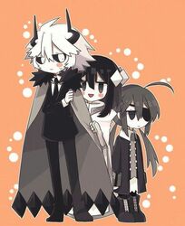  1boy 2girls alela_grora_(funamusea) bad_id bad_pixiv_id bakara_(19083210) behind_another black_eyes black_footwear black_hair black_jacket black_necktie black_pants black_suit blush cape closed_mouth crossed_arms diamond_(shape) dress etihw_(funamusea) eyepatch formal full_body funamusea grey_cape grey_hair grey_shirt haiiro_teien hair_between_eyes horns jacket kcalb_(funamusea) long_hair looking_at_another looking_to_the_side medium_hair multiple_girls necktie open_mouth orange_background pants shirt shoes short_hair simple_background smile standing suit twintails white_cape white_dress white_eyes white_hair white_shirt 