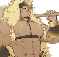  1boy abs animal_hood bara bare_pecs biceps bursting_pecs carrying_under_arm chest_harness collar dark_skin dark_skinned_male facial_hair forked_eyebrows fur_(clothing) goatee gomtang gullinbursti_(tokyo_houkago_summoners) harness hood large_pectorals long_sideburns male_focus mature_male muscular muscular_male navel navel_hair nipples oerba_yun_fang pectorals red_nose revealing_clothes scar scar_on_chest sheath sheathed short_hair sideburns solo spiked_hair stomach sweat tokyo_houkago_summoners 