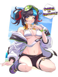  absurdres bad_id bad_pixiv_id bare_shoulders bikini black_hair black_shorts blue_hair blush breasts cleavage fate/grand_order fate_(series) female foiegrassan0221 green_hat hat headphones headphones_around_neck highres jacket large_breasts long_hair long_sleeves looking_at_viewer multicolored_hair navel off_shoulder one_eye_closed open_clothes open_jacket red_hair sei_shounagon_(fate) sei_shounagon_(swimsuit_berserker)_(fate) short_shorts shorts sidelocks sitting smile solo swimsuit thigh_strap tongue tongue_out twintails visor_cap wariza white_bikini white_jacket yellow_eyes 