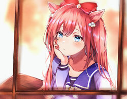  agnes_digital_(umamusume) animal_ears bad_id bad_pixiv_id beads blurry blurry_background blush bow collarbone commentary_request female hair_beads hair_ornament hairbow highres hojiro_same horse_ears horse_girl long_hair looking_afar pink_hair school_uniform solo table thinking tracen_school_uniform umamusume window 