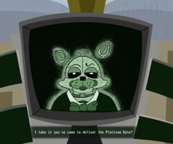  2021 6:5 animatronic anthro black_sclera bow_tie canid canine clothed clothing cosplay crossover dialogue digital_media_(artwork) electronics english_text eyebrows eyelashes fallout female five_nights_at_freddy&#039;s five_nights_at_freddy&#039;s_world fox gglloooopp half-closed_eyes lipstick lolbit_(fnaf) looking_at_viewer machine makeup mammal microsoft narrowed_eyes question_mark raised_eyebrow robert_house_(fallout) robot scottgames screen sister_location solo talking_to_viewer television text 