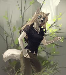  2021 5_fingers anthro black_nose blonde_hair blue_eyes breasts canid canine canis digital_media_(artwork) female fingers fur grey_body grey_fur hair hi_res koul_fardreamer mammal orphen-sirius smile solo wolf 