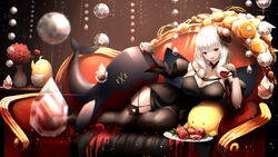  absurdres azur_lane bare_shoulders black_dress black_gloves black_thighhighs blood blood_on_clothes blood_on_dress breasts cleavage commentary_request couch dress drill_hair drill_sidelocks elbow_gloves fang_out female flower food fruit full_body garter_straps gloves highres holding holding_food holding_fruit large_breasts long_hair looking_at_viewer luetzow_(azur_lane) luetzow_(everlasting_blood_banquet)_(azur_lane) manjuu_(azur_lane) myria_(7855) nail_polish no_shoes oerba_yun_fang official_alternate_costume on_bed open_mouth plate red_eyes red_flower red_nails red_rose rose sidelocks sitting smile solo table thighhighs thighs vase white_hair 