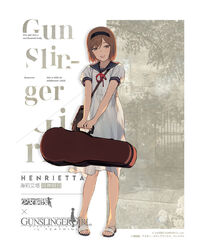  amati bag brown_eyes brown_hair chinese_commentary commentary_request dress duoyuanjun female girls&#039;_frontline gunslinger_girl henrietta_(gunslinger_girl) highres looking_at_viewer messenger_bag sandals shoulder_bag smiley_face solo white_dress 