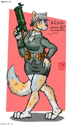  2019 4:7 alvidz anthro breasts canid canine clothed clothing digital_media_(artwork) female fox fully_clothed fur gun hair hi_res island mammal military ranged_weapon simple_background soldier solo standing uniform warrior weapon zafronika 