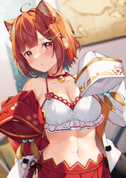  ahoge animal_ears bell breasts choker cleavage collarbone female hair_ornament highres looking_at_viewer medium_breasts midriff mole mole_on_stomach navel neck_bell nijisanji ratna_petit ratna_petit_(2nd_costume) red_choker red_eyes red_hair red_panda_ears red_panda_girl red_skirt short_hair skirt sleeves_past_fingers sleeves_past_wrists solo swimsuit virtual_youtuber x_hair_ornament yuuri_nayuta 