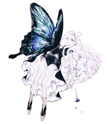  antennae bad_id bad_pixiv_id black_dress blue_butterfly blue_flower bracelet bug butterfly dress female floating_hair flower full_body halo highres jewelry long_hair original oversized_insect parted_lips shirone_(coxo_ii) shoes simple_background solo very_long_hair white_background white_eyes white_hair 