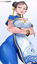  1girls big_breasts brown_eyes brown_hair capcom chinese_clothes chun-li clothed clothing female female_only flytrapxx fully_clothed jewelry muscular muscular_female solo solo_female street_fighter street_fighter_6 thick_thighs 