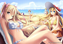  &gt;_&lt; 5girls ;p ball bandeau bare_arms bare_legs barefoot beach beachball bikini bikini_skirt blonde_hair blue_bikini blue_eyes blue_sky bow breasts brown_eyes brown_hair butterfly_hair_ornament chair cleavage closed_eyes cloud commentary_request day drink drinking_straw floral_print flower frilled_bikini frills front-tie_top glass green_eyes hair_between_eyes hair_ornament hair_ribbon hand_on_own_hip hat hat_ribbon hibiscus hidan_no_aria hidan_no_aria_aa hino_raika holding holding_behind_back horizon legs lipstick long_hair long_legs looking_at_viewer makeup mamiya_akari medium_breasts midriff mimelex mine_riko multiple_girls nail_polish navel ocean one_eye_closed orange_bikini outdoors parted_lips pink_nails red_ribbon ribbon running sand sarong shima_kirin shiny_skin short_hair sidelocks signature sitting sky standing stomach strapless strapless_bikini striped_bikini striped_clothes sun_hat swimsuit table takachiho_urara tongue tongue_out two_side_up underboob very_long_hair water white_bikini white_bow white_ribbon yellow_bikini 