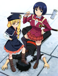  1boy 2girls absurdres beret black_hair blonde_hair braid crack cracked_floor giving_up_the_ghost glasses hat highres konoe_touta long_hair looking_at_viewer mallet multiple_girls official_art sakurame_kirie school_uniform shoes short_hair skirt standing_on_person stepped_on thighhighs twin_braids uq_holder! weapon yuuki_karin 