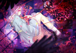  2girls blood blurry commentary_request fetal_position from_above hairband hands highres komeiji_koishi komeiji_satori long_sleeves looking_at_viewer lying multiple_girls on_side partially_submerged petals pink_eyes pink_hair pool_of_blood senshuu_kou shirt shoes siblings sisters skirt socks third_eye tile_floor tiles touhou water when_you_see_it wide_sleeves 