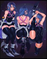  1girls aqua_(kingdom_hearts) armpits arms_up ass bare_shoulders blue_eyes blue_hair blush boots cashumeru detached_sleeves disney female female_only from_behind kingdom_hearts kneeling leotard multiple_views one_eye_closed raised_leg short_hair sitting skin_tight smile solo square_enix standing_on_one_leg thick_thighs thighhighs thighs tight_clothing toned vertical_splits wink 