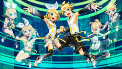  1boy aqua_eyes arm_warmers blonde_hair brother_and_sister commentary_request detached_sleeves female hair_ornament hair_ribbon hairclip headphones hexagon highres holding_hands interlocked_fingers junji kagamine_len kagamine_len_(append) kagamine_rin kagamine_rin_(append) leg_warmers navel one_eye_closed ribbon short_hair shorts siblings smile twins vocaloid vocaloid_append 