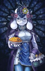  adapted_costume animal_ears basket blue_eyes commentary embellished_costume english_commentary fangs female flower flowey_(undertale) food furry furry_female glasses goat_ears goat_girl hat heart highres horns jewelry napstablook pie saturnspace shell sleeve_cuffs thighhighs toriel undertale veil when_you_see_it 