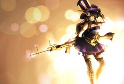  :d backlighting blurry bokeh brown_hair caitlyn_(league_of_legends) depth_of_field dress female gun hannah_santos hat head_tilt league_of_legends long_hair looking_at_viewer open_mouth panties purple_dress smile solo top_hat underwear walking watermark weapon 