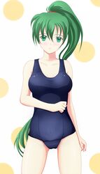  co-de commentary_request female fire_emblem fire_emblem:_the_blazing_blade green_eyes green_hair highres long_hair lyn_(fire_emblem) one-piece_swimsuit ponytail school_swimsuit solo swimsuit 