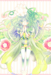  alraune_(p&amp;d) blush commentary_request dress female flower frills full_body green_dress green_hair hair_between_eyes hair_flower hair_ornament hair_ribbon hoop knees_apart_feet_together komomo_riri long_hair looking_at_viewer monster_girl own_hands_clasped own_hands_together pink_background plant plant_girl puffy_short_sleeves puffy_sleeves puzzle_&amp;_dragons ribbon shiny short_sleeves simple_background smile solo standing striped striped_background tareme thighhighs vertical_stripes very_long_hair zettai_ryouiki 