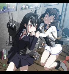  2girls 41cm_twin_gun_mount :d ^_^ ahoge animal animal_on_head bag binoculars black_hair blazer blue_hair blush brown_hair cannon chasing closed_eyes commentary_request door dress error_musume fairy_(kancolle) feline from_above green_hair hair_ornament hand_on_another&#039;s_shoulder hat hatsushimo_(kancolle) headgear innertube jacket jumping kantai_collection leaf letterboxed lifebuoy long_hair looking_back machinery mini_person minigirl miniskirt multiple_girls necktie no_pants on_head open_door open_mouth plant pleated_skirt potted_plant purple_hair red_eyes red_necktie sailor_dress school_uniform serafuku shoes short_hair shoulder_bag skirt smile string swim_ring tenzan_(kancolle) turret walking weapon wrwr yukikaze_(kancolle) 