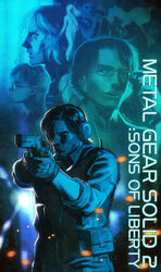  4girls 6+boys bacher blue_theme commentary_request emma_emmerich facial_hair fatman_(metal_gear) fingerless_gloves fortune_(metal_gear) glasses gloves gun hal_emmerich headset highres iroquois_pliskin metal_gear_(series) metal_gear_solid_2:_sons_of_liberty multiple_boys multiple_girls photoshop_(medium) raiden_(metal_gear) rosemary_(metal_gear) roy_campbell solid_snake solidus_snake stubble vamp_(metal_gear) weapon 