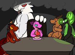  2016 aliasing anthro blue_eyes cake chair cigar cutlery dessert digital_media_(artwork) egg eyewear food fork furniture glasses glowing green_eyes group horn kitchen_utensils knife kobold nude orange_eyes paprika_(knightsquiggles) radioactive red_eyes reptile rust_(k0bold) scalie scar simple_background smoke smoking spaffy table tools tritium_(kotetsu) trout_(artist) vim_(coshiboyer) 