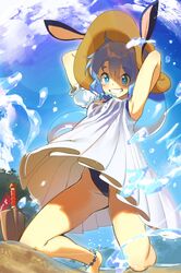  animal_ears anklet armpits arms_up bad_id bad_pixiv_id bare_shoulders barefoot beach blue_eyes blue_hair blush bright_pupils commentary_request corriente_(show_by_rock!!) day dress ears_through_headwear female from_below grin hat jewelry kneeling koyoi_mitsuki long_hair one-piece_swimsuit outdoors rabbit_ears sand show_by_rock!! smile solo sun_hat swimsuit swimsuit_under_clothes white_dress wind wind_lift 