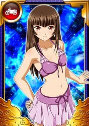  bad_google+_id bad_id bad_link bra brown_hair card_(medium) earrings female front-tie_top ikkitousen jewelry long_hair looking_at_viewer navel purple_bra purple_skirt skirt smile solo ten&#039;i_(ikkitousen) underwear 