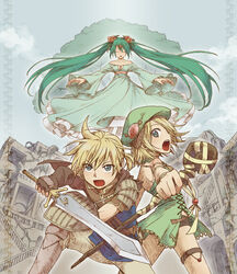  1boy 2girls blonde_hair closed_eyes commentary_request dress fingerless_gloves floating_hair flower gloves green_hair hair_flower hair_ornament hat hatsune_miku highres junji kagamine_len kagamine_rin kneeling long_hair multiple_girls open_mouth ruins shield sword twintails very_long_hair vocaloid wand weapon 