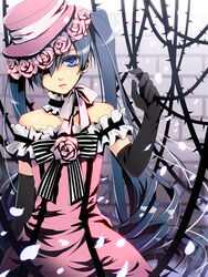  1boy arm_up bare_shoulders blue_eyes blue_hair choker ciel_phantomhive ciel_phantomhive_(robin_dress) colored_eyelashes commentary_request crossdressing dress elbow_gloves eyelashes flower gloves hair_over_one_eye hat kuroshitsuji kururumy lolita_fashion long_hair male_focus otoko_no_ko petals pink_flower pink_rose ribbon rose solo thorns twintails 