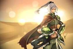  arm_guards backlighting cape desert female green_eyes hannah_santos league_of_legends lens_flare looking_at_viewer ponytail riven_(league_of_legends) sand shield solo sun sunlight watermark white_hair 