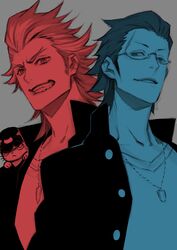  2boys akai_suzaku animal animal_on_shoulder cat_on_shoulder clenched_teeth feline glasses grey_background hair_slicked_back highres idolmaster idolmaster_side-m jewelry kurono_genbu male_focus miwa_shirow multiple_boys necklace nyako_(idolmaster) parted_lips scar shinsoku_ikkon_(idolmaster) sideburns simple_background spiked_hair teeth upper_body 