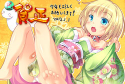  2013 bandaid bandaid_on_leg barefoot blonde_hair blue_eyes blush breasts commentary_request dated feet female floral_print flower green_kimono happy highres japanese_clothes kimono kotoyoro medium_breasts new_year open_mouth original panties photoshop_(medium) polka_dot polka_dot_panties sekine_irie short_hair snake solo toes underwear white_panties 